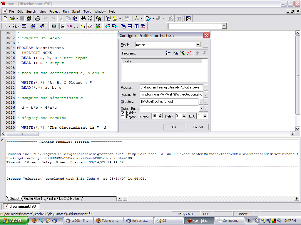 Syn Configuration Screen and Output Box