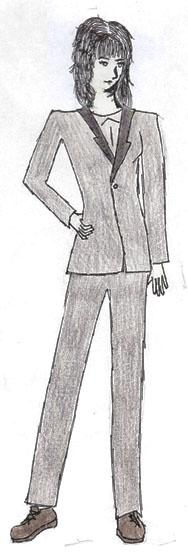 An illustration of a 80s power suit.