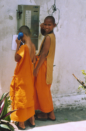 Buddhist monks on phone